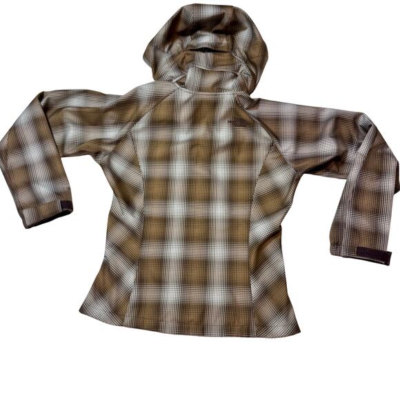 The North Face Womens Apex ClimateBlock Plaid Hooded Jacket Brown Tan Softshell - Picture 2 of 7